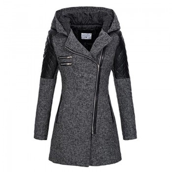 Winter Hooded Coat Autumn Zipper Slim Outerwear Spring Fashion Patchwork Black Female Warm Windproof Overcoats